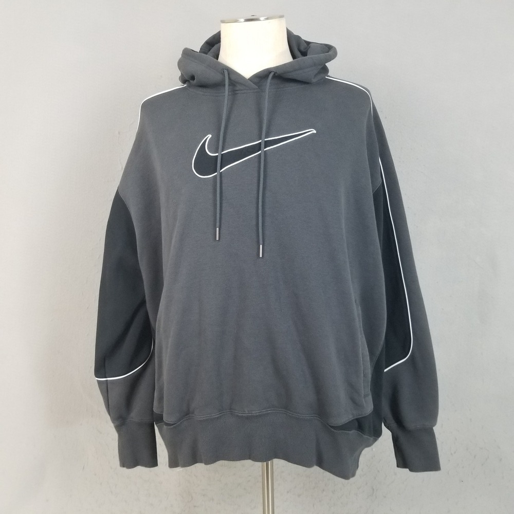 Nike Hoodie Mens L Grey Swoosh Colorblock Piping Fleece Pullover Sweatshirt
